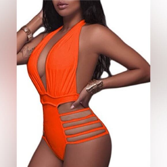 Aqua Eve Other - NWT Aqua Eve Small (4-6) orange one piece sexy cutout Deep plunge halter tie NEW